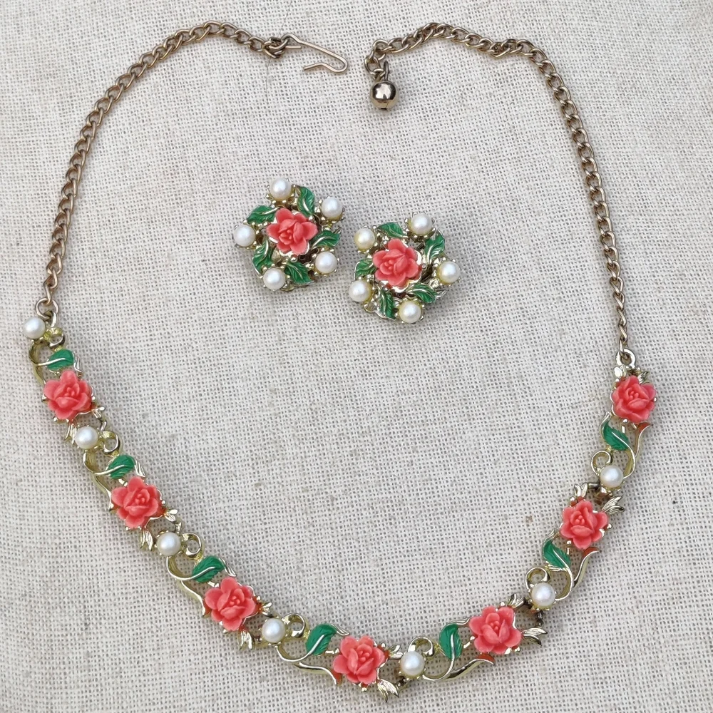 Vintage Coral Rose and Pearl Necklace with Matching Earrings
